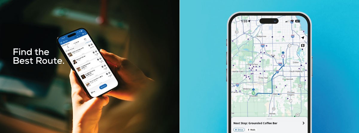 shows phone screens with a route